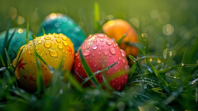 Morning dew on a vibrant clutch of painted eggs, hidden among the fresh blades of spring grass