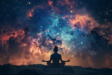 Spiritual Awakening Astral Meditation in Cosmic Space, Silhouette of Person in Lotus Pose with Universe Background, Mindfulness Concept Art - obrazy, fototapety, plakaty