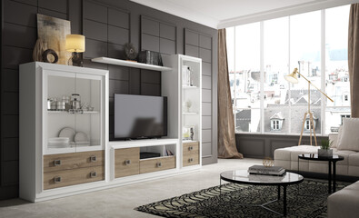 Modern living room interior design with minimalist trend furniture, vintage style, augmented reality, mockup,
