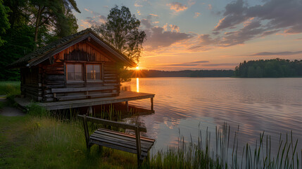 Fototapeta premium A peaceful lake, with a rustic wooden cabin as the background, during a calm summer sunset