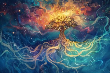 Surreal illustration of divine roots, extending from the heavens and anchoring the universe in sacred, eternal stability