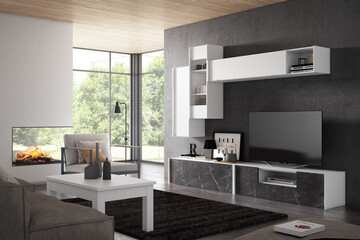 Modern living room interior design with minimalist trend furniture, vintage style, augmented reality, mockup,