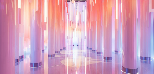 Artistic foyer with pastel pink cylindrical columns in a staggered pattern, a reflective floor, and...