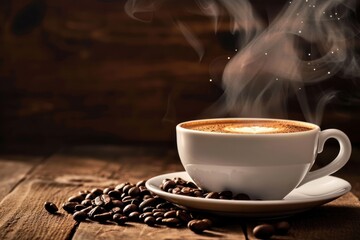 detailed image of a cup of coffee with visible steam, evoking the aroma and warmth of freshly brewed coffee, perfect for cafes or morning routine visuals. - obrazy, fototapety, plakaty