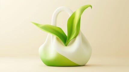 A white vase with green accents stands with a green leaf sticking out of it