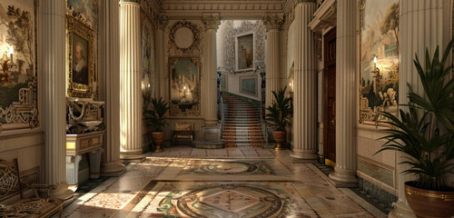 Classic foyer design with ivory fluted columns, a mosaic patterned floor, and antique wall...