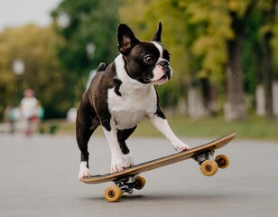  Boston Terrier dog riding a skateboard