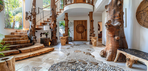 Earthy foyer featuring tree trunk-inspired columns, a pebble mosaic floor, and organic-shaped...