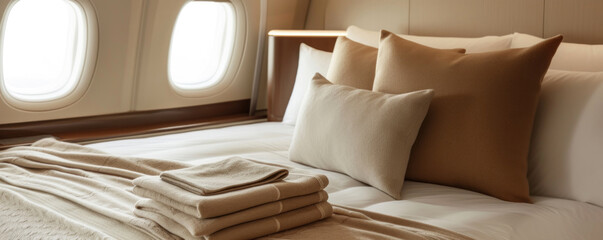 luxurious bed with a beige cashmere travel blanket and pillows inside a private jet, suitable for advertisement or interior design inspiration.