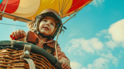 A young child wearing a protective helmet grips onto a colorful hot air balloon, ready for an adventure in the sky.