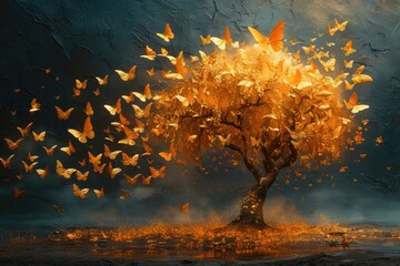 Wallpaper Background 3D image of a golden tree with butterflies for custom wallpaper designs and...