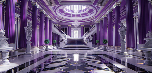 Grand foyer with royal purple columns, a black and white color scheme, and artistic accents.