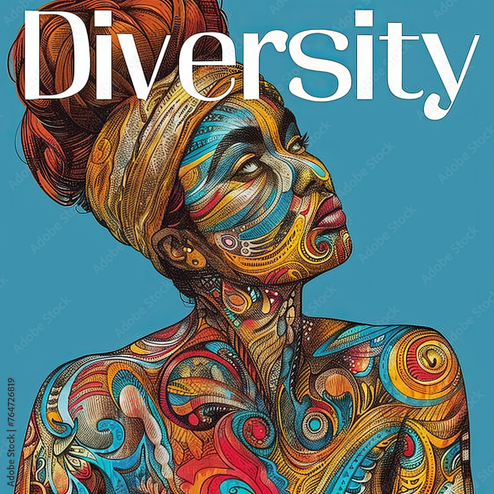 Poster a person looks at a diverse word on a plain background in this image.