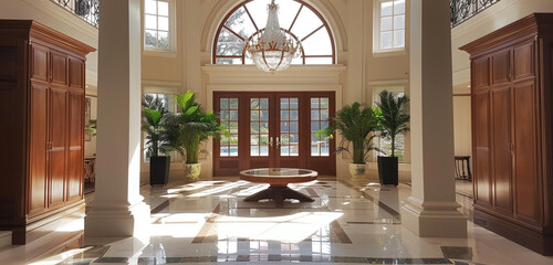 Luxurious entrance featuring mahogany square columns, a circular seating arrangement, and a bespoke...