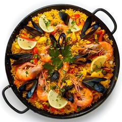Vibrant Spanish Paella: A Golden Rice Dish Filled with Fresh Seafood and Vegetables on a White Background, Showcasing Spanish Cuisine and Photography