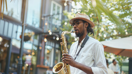 African american man playing saxophone in a music jazz festival, jazz day concept hd, black musician - obrazy, fototapety, plakaty