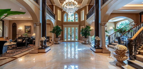Luxurious entrance hall with sophisticated chocolate brown columns, a crystal chandelier, and plush...
