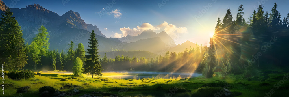 Canvas Prints Escape the Ordinary with a Breathtaking Mountainous Landscape Wallpaper of Serene Lake, Lush Forests, and Glowing Sunset