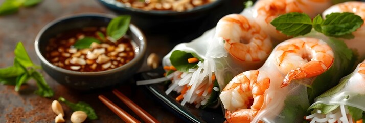 A tantalizing close-up of Vietnamese fresh spring rolls with shrimp, pork, and herbs, served with a side of Sichuan hot sauce. Captured with a EOS and macro this image boasts a sharp focus and rich
