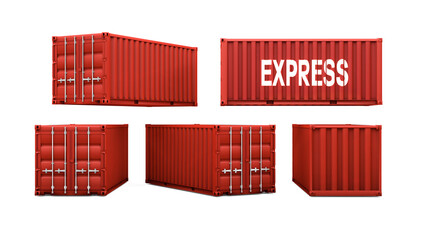 3D Rendering,Realistic red shipping container for logistics various side, mock-up objects, isolated on white background.