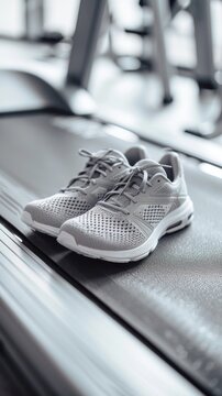 pair of designer trainers on a treadmill, a fitting image for promoting health and fitness or for use in sportswear advertising.