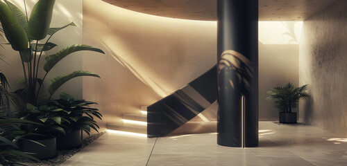 Minimalist foyer design with matte black triangular columns, a spiral staircase, and subtle recessed lighting.