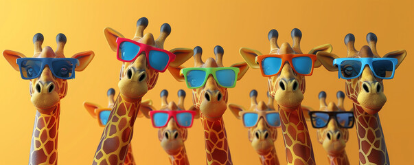 A gathering of delightful 3D giraffes, showcasing colorful eyewear, cheerful against an unblemished background