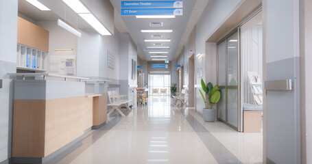 Empty Hospital Reception Hall During the Day. Modern Clinic with Advanced Equipment, Best Medical...