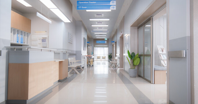 Empty Hospital Reception Hall During the Day. Modern Clinic with Advanced Equipment, Best Medical Health Treatment Center With Bright Sunny Window View