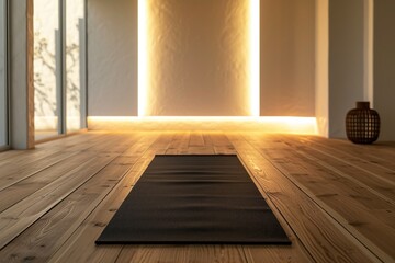 A single, elegant yoga mat in a high-end, minimalist yoga studio, soft lighting 