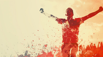 cool silhouette of a soccer player celebrating a goal, merged in double exposure with the ecstatic crowd, set against an isolated background, perfect for an energizing soccer banner