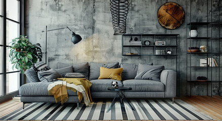 A modern living room with a grey sofa, striped rug, and metal shelf. The concrete wall adds texture to the space. A spiral chandelier lights up the area