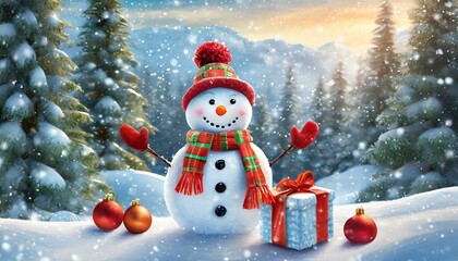 Fototapeta premium snowman and christmas tree with gifts