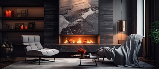 Fototapeta premium Warm and inviting living room featuring a fireplace as the focal point, with a comfortable armchair for relaxation