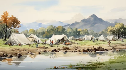 Foto op Canvas a riverside camping scene with tents and people enjoying the outdoors, an idyllic setting for nature-based tourism or outdoor lifestyle content. © Ярослава Малашкевич