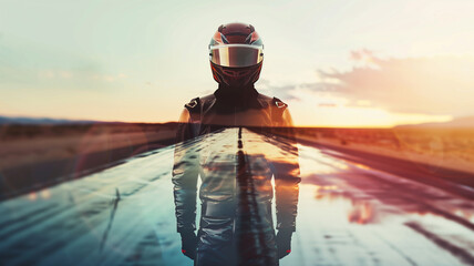 solitary figure of a motorsport racer, reflected in double exposure with the lonely road ahead, symbolizing determination and the journey of competition, set against an isolated background - obrazy, fototapety, plakaty