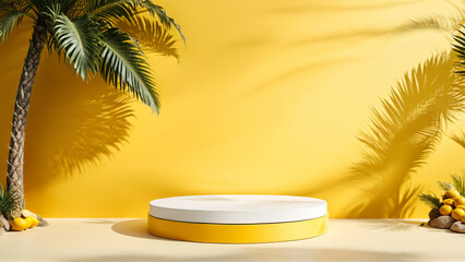 Obraz premium Yellow Citrus Display Background, Yellow podium summer display platform, minimal nature design, yellow product stand background podium, tropical palm stage scene, beauty mock up, cosmetic abstract