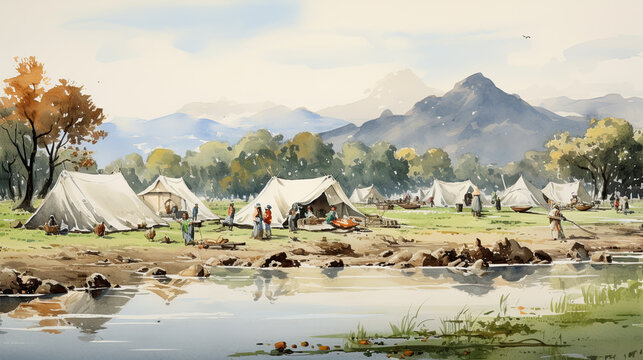 a riverside camping scene with tents and people enjoying the outdoors, an idyllic setting for nature-based tourism or outdoor lifestyle content.