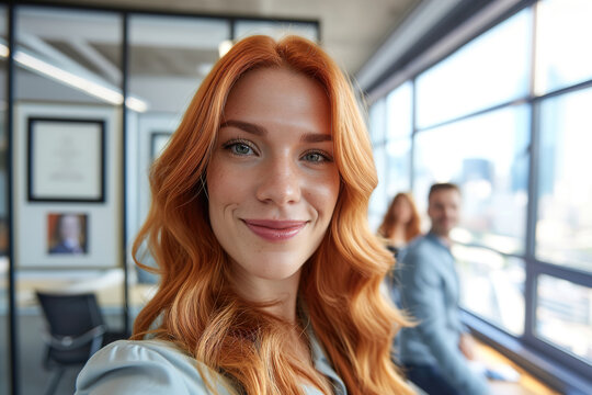 Young Redhead  Woman Selfie with Friends
