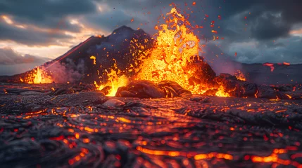 Foto auf Alu-Dibond A volcanic eruption, with molten lava as the background, during an explosive eruption © CanvasPixelDreams