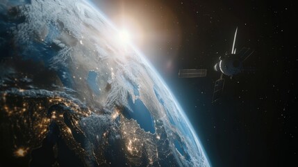 A space station is seen soaring above the Earth during nighttime. The illuminated surface of the planet contrasts with the darkness of space.
