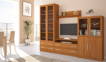 Modern living room interior design with minimalist trend furniture, vintage style, augmented reality, mockup,