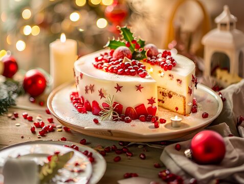 Christmas Cream Cake with Pomegranate Seeds