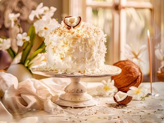 Coconut cream cake embellished with coconut shavings - 764730628