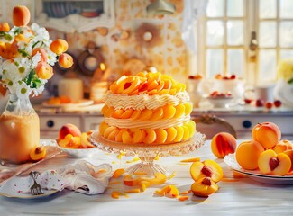 Peach Cream Cake with Peach Slices - 764730851