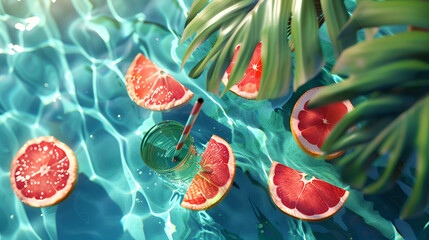 summer background with sea water, tropical leaves, plants and juicy citrus fruits - red oranges or grapefruits Vacation concept - obrazy, fototapety, plakaty