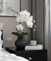 A beautiful white orchid flower on the bedside table in a hotel room. Modern bedroom with a clean bed.