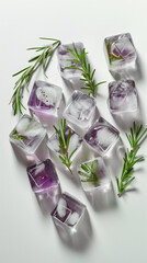 ice cubes with rosemary sprigs background, vertical position