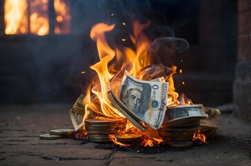 Flames Consume a Stack of  Currency in an Eerie Display of Financial Loss - obrazy, fototapety, plakaty