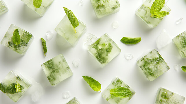 mint leaves in ice cubes on a white background